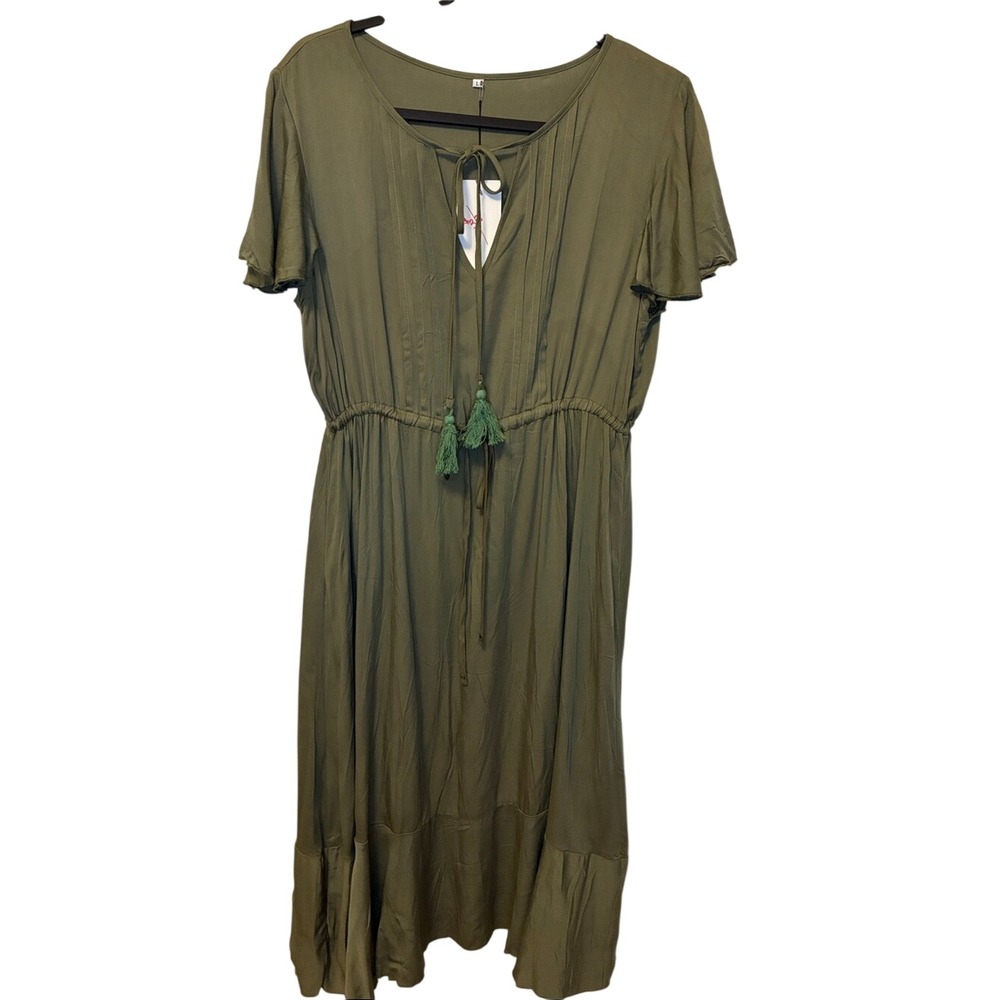 NWT Doublju Olive Green Tie-Front Midi Dress with Tassels